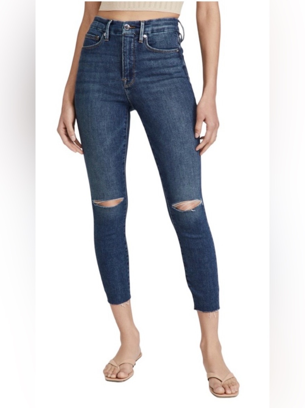 Good American Good Waist Crop High-Waist Blue Skinny Jeans with Knee Rips 10